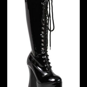 Black High Wedge Lace Up Knee High Boots - Sexy Shoes - Halloween Costume - NWT